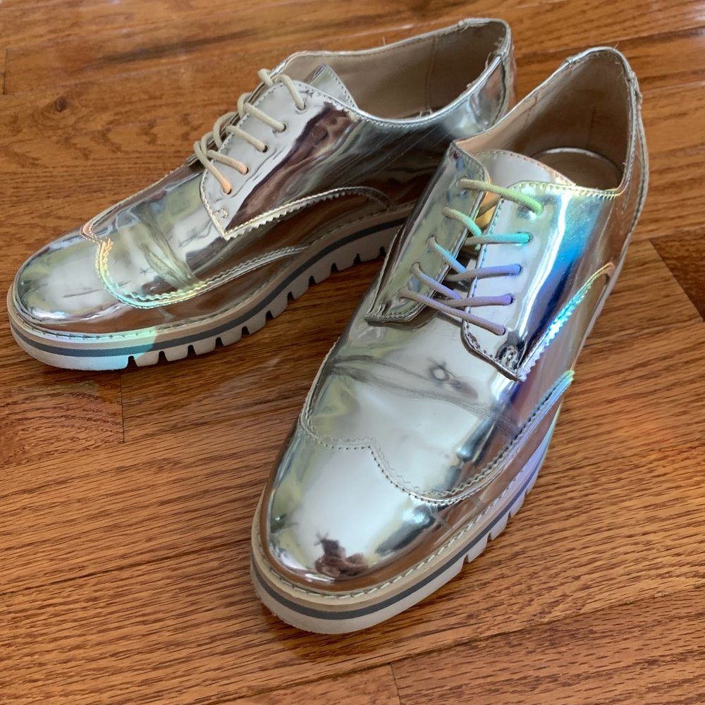 Zara Metallic Silver Platform Loafers (Lace Up)